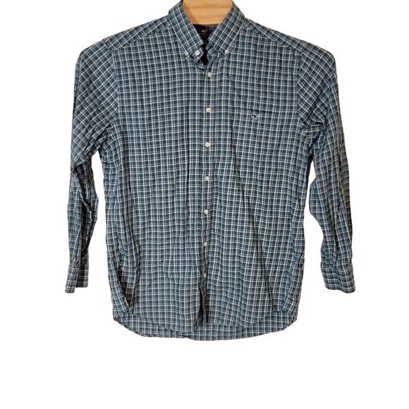 Vineyard Vines Slim Fit Tucker Shirt Size Large Whale Logo Green Blue Plaid - Picture 1 of 5